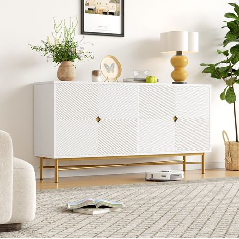 Credenza bianca da 160 cm con 4 ante e gambe dorate (1/5)