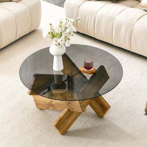 Tavolino da caffè rotondo moderno in vetro con stabile base di design in effetto legno o effetto marmo, Ø ca. 79 cm, altezza ca. 45 cm, tavolo da soggiorno per un arredamento elegante (1/5)