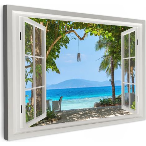 CUADRO EN LIENZO Vista - Árbol - Mar - Palmera - Colinas - Playa - Azul Pinturas Grande 150x100 cm