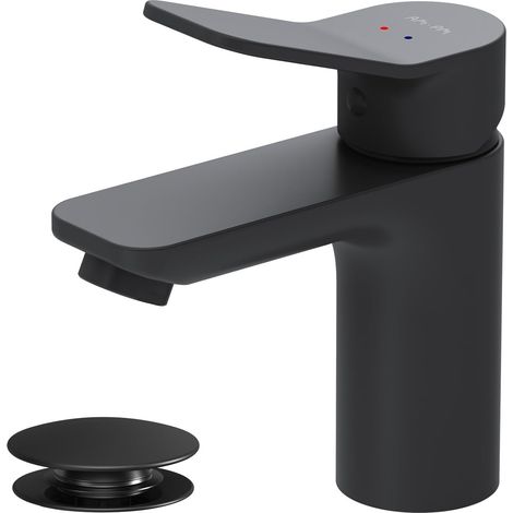 Grifo de baño, mezclador de lavabo negro mate que ahorra agua con desagüe de clic-clac, grifo de lavabo resistente a los arañazos, fácil de limpiar, altura del caño de 79 mm. (1/5)