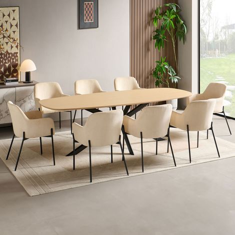 Ensemble table 240 cm effet chêne + 8 chaises velours côtelé beige (1/5)