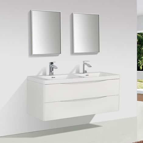 Stano. – Meuble double vasque 120 cm en marbre synthétique blanc laqué – 2 tiroirs avec fermeture silencieuse – Design moderne et minimaliste (1/5)