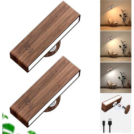 Applique murale LED rechargeable USB – Lot de 2 – Bois massif – Gradation tactile – Installation sans perçage – 4000mAh (1/5)