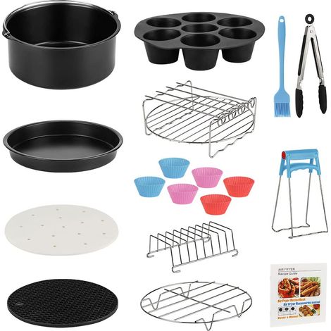 Kit Accessoires pour Friteuses à Air, 13Pcs 8 Pouces Accessoires de Friteuse pour Friteuses à Air inclure Double Couche avec 4 Brochette, Plat à Pizza, Porte Toast, Pince Cuisine et Tapis etc. (1/5)