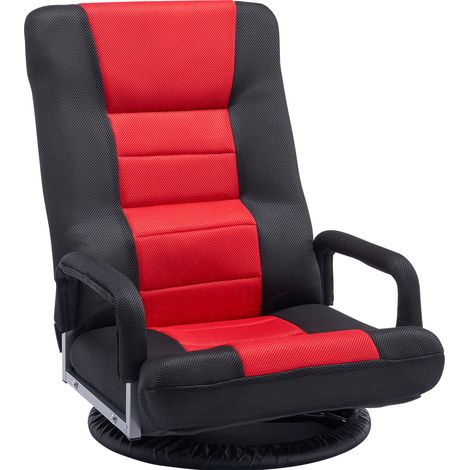 VEVOR Chaise de sol pivotante a 360° avec accoudoirs, fauteuil de sol avec dossier pliable a 6 positions reglables et support lombaire, canape inclinable pour regarder la television, rouge et noir (1/5)
