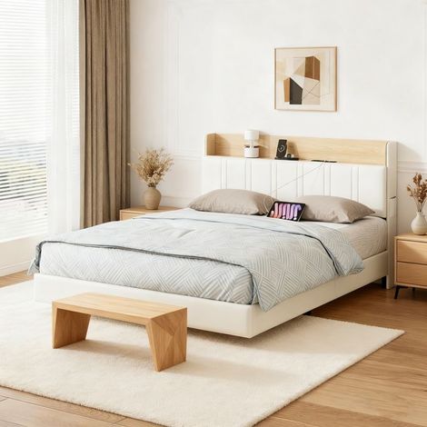 Letto 140x190 cm BOAQET, Letto flottante in PU con testiera e rete a doghe, USB e LED, Letto per adulti per 2 persone, Bianco