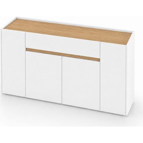 Credenza Design Moderno Con 4 Ante E 1 Cassetto Mobile In Melaminico Per Sala Da Pranzo E Zona Living Senza Maniglie 170 X 85 X 40 Cm Bianco E Rovere (1/5)
