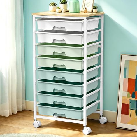 Chariot à roulettes avec 8 tiroirs, chariot de rangement utilitaire avec roues verrouillables, chariot de rangement pour cuisine, salle de bain, école, bureau, beauté, chambre à coucher, vert (1/5)