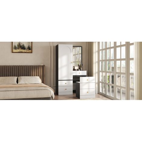 Armoire coiffeuse bicolore en MDF avec penderie, miroir, tiroirs compartimentés et tabouret escamotable pour chambre et dressing (1/5)
