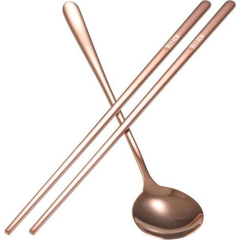 Ensemble de baguettes et cuillère - Inox 304 - Style coréen - Couleur or/rose - Antirouille - Durable (1/4)