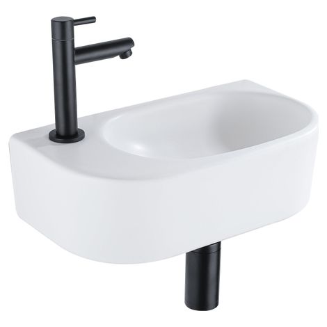 QeramiQ Fuente Ensemble de Lavabo - 40x21.5x12cm - gauche - lisse - demi-rond - 1 trou de robinet - céramique - ensemble de robinet noir mat - bouchon (1/5)