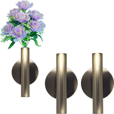 Lot de 2 vases muraux dorés en forme de tube en métal pour présenter des fleurs séchées, des fleurs artificielles, convient également pour la décoration commémorative de pierre tombale (bronze) (1/5)