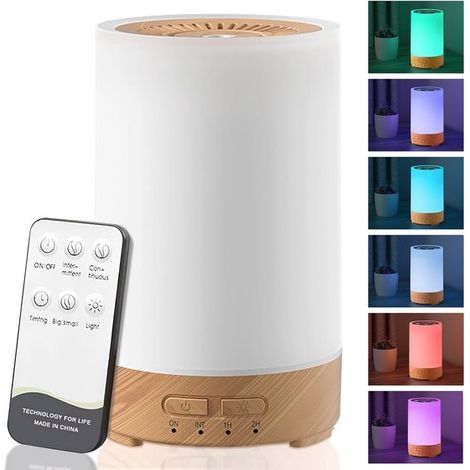 Aromadiffusor in Holzoptik – Automatischer Duftzerstäuber – Fortschrittlicher Ultraschall-Aromatherapie-Diffusor – Ausgestattet mit 7-farbiger LED-Beleuchtung – Warmweißes Licht – Weiß – 150 ml