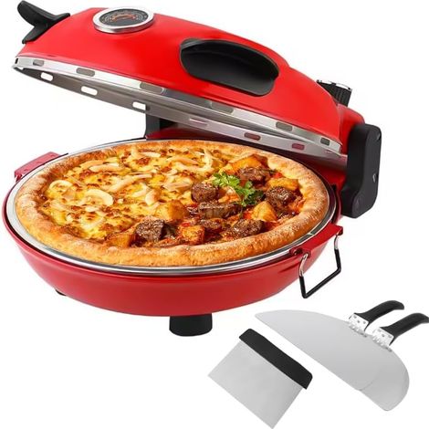 Four à Pizza Électrique, Four à Pizza Jusqu'à 420°C, Chauffage Haut/Bas,Température Réglable,Plaque en Pierre Réfractaire de 31cm,Pelle à Pizza, Grattoir (Rouge) (1/5)