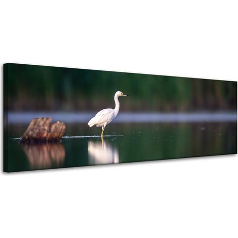 Stampa su tela raffigurante un airone bianco, 120x40 cm.