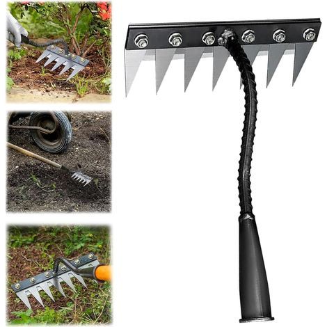 Rastrillo deshierbador de 5/6/7/8 púas, herramienta para deshierbar con mango, rastrillo de jardín de metal resistente, rastrillo para deshierbar, aflojar la tierra y sembrar (7 púas) (1/5)