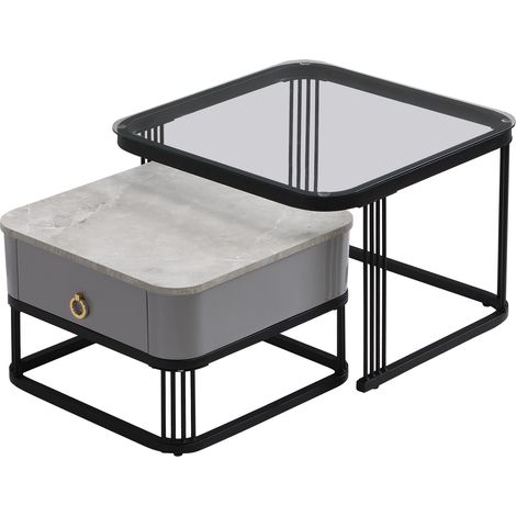 Set di 2 tavolini da salotto a incastro, effetto marmo, vetro e struttura nera (1/5)