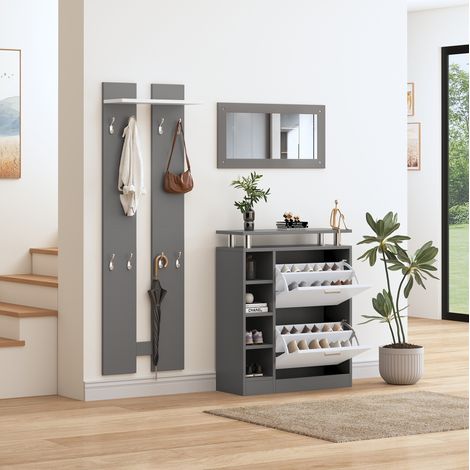 Garderoben-Set aus Spanplatte grau/weiß, Schuhschrank 80 x 25 x 96,5 cm mit 2 verstellbaren Einlegeböden und Spiegel (1/5)