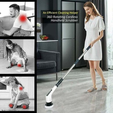 Cepillo de limpieza eléctrico inalámbrico XU con 9 cabezales reemplazables, fregona eléctrica con mango ajustable para baño, cocina y coche (blanco) - KZQ (1/4)