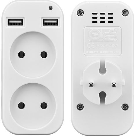 Multiprise Convertisseur EU 250V 10A  USB 5V/2A – Idéal Bureau & Voyages