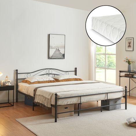 Letto Doppio Florenz in Acciaio con Testiera Decorativa e Materasso 180 x 200 cm Nero [en.casa] (1/5)