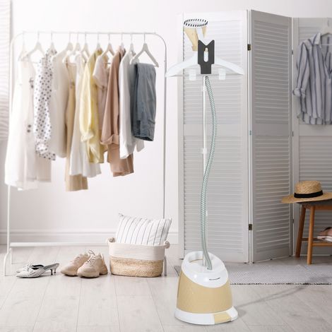 Plancha de vapor vertical de 1800 W con depósito de 1,8 L, placa de aluminio, altura ajustable, varilla telescópica y accesorios incluidos, para ropa, cortinas y sofás, color dorado.