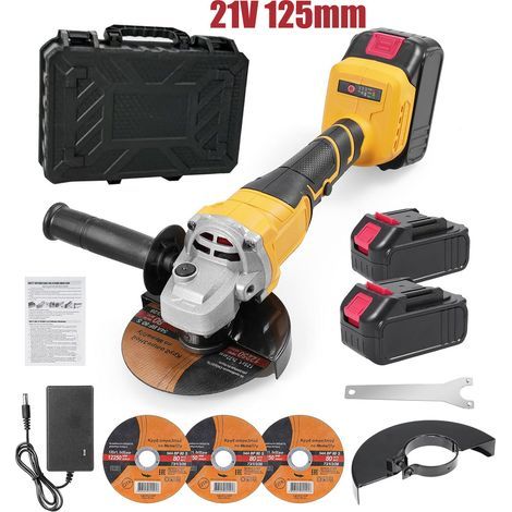 Meuleuse D'angle Sans Fil 21V,Disqueuse Sans Fil Sans Balais,avec 2 Batteries,3 Disques de Coupe de 5 Pouces,Chargeur Rapide,Petite Meuleuse Sans Fil pour la Découpe,le Ponçage,le Polissage