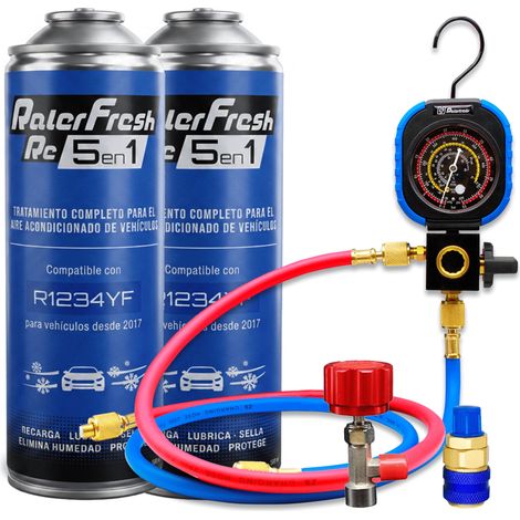 Pack gas refrigerante 2 botellas Ralerfresh RC R1234YF 5en1 500ml con Manometro RF31, llave y conector