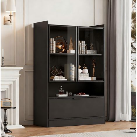 Vitrine LED 120x80x35 cm pour salon, portes en verre trempé, rangement bas rabattable, noir mat (1/5)