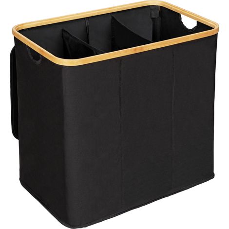 Panier à linge WENKO Ecori bambou noir 3 compartiments 105 litres bac à linge design écologique avec 100 % polyester recyclé panier à linge 3 compartiments pour rangement moderne et durable (1/7)