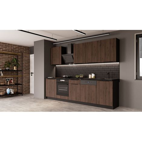 Küche MONZA BASIC 280 cm Küchenzeile Küchenblock Einbauküche Nussbaum Okapi matt + Schwarz matt (1/5)