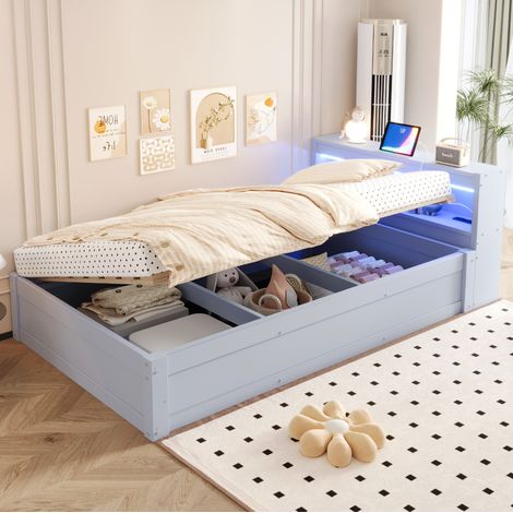 MEUBLIV lit 90x200 cm gris – rangements, LED, prise intégrée, hydraulique, sans matelas (1/5)