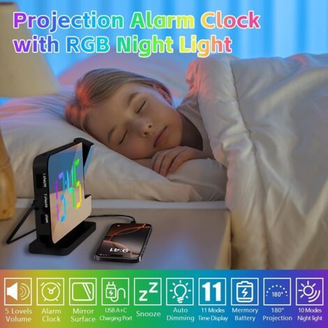Sveglia proiettore LED, USB caricabatterie, 180° rotazione, 11 colori RGB, 10 luci notturne, per camera da letto e ufficio (Nero) (1/4)