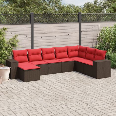 Salon de jardin 8 pièces en résine tressée marron avec coussins rouges - PANGIVO (1/5)
