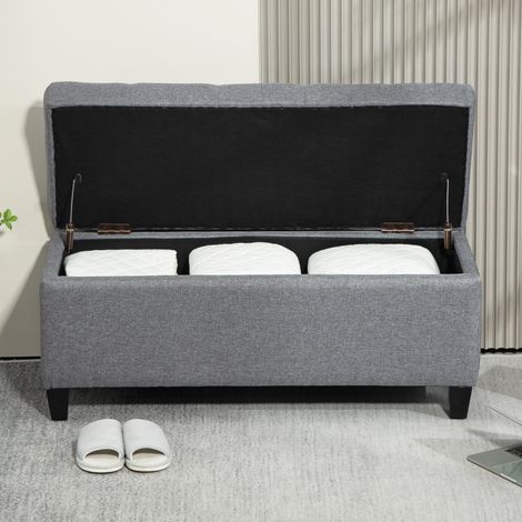 Panca contenitore 100x40x44 cm, seduta imbottita con vano interno, tessuto effetto lino, grigio chiaro (1/5)