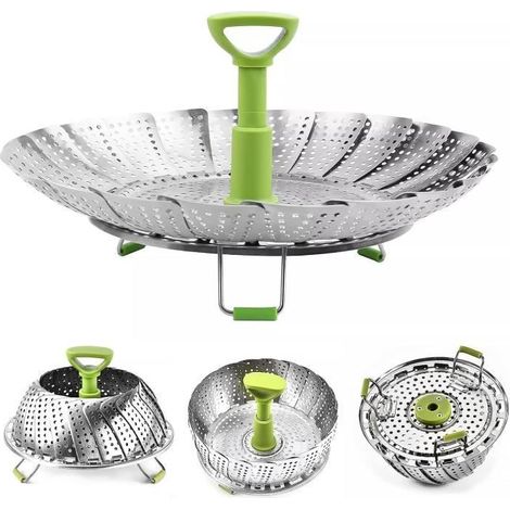 Pliable Panier Vapeur, Panier Vapeur Télescopique Pliable en Acier Inoxydable, avec poignée Extensible Anti-Chaude et Pieds an (1/4)