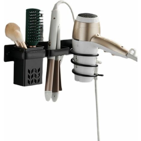 Kaelt - Support de sèche-cheveux, support de lisseur de cheveux avec organisateur de câble, organisateur de sèche-cheveux mural avec support de rangement pour salle de bain chambre hôtel (noir) (1/5)