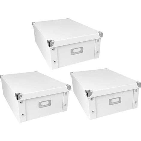 Lot de 3 boîtes de rangement pliables en carton et métal avec couvercle - 16 l - 40,5 x 28 x 14,5 cm (blanc) (1/2)
