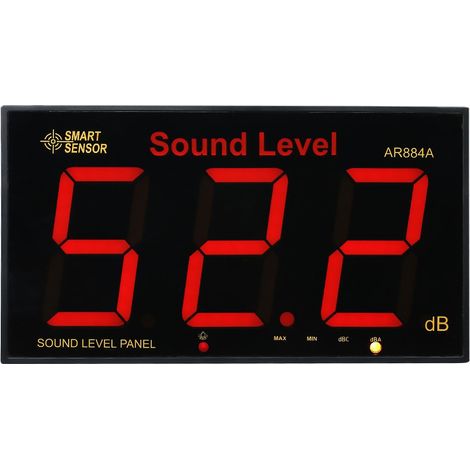 Sonomètre mural à mesure du niveau sonore, avec grand écran LCD et fonction d'alarme, plage de mesure de 30 à 130 dBA et de 35 à 130 dBC.