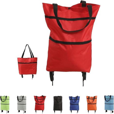 Chariot de courses pliable 2 en 1 à roulettes sac fourre-tout portable tissu Oxford rouge pour marché lessive et voyages (1/5)