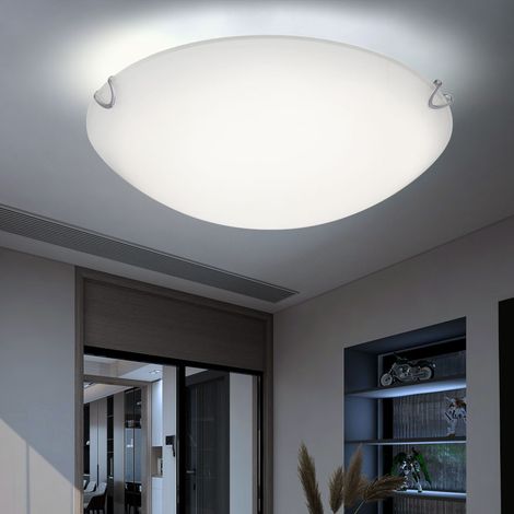 Plafonnier en verre Lampe de salon Plafonnier blanc, métal satiné, 1x LED 16W 930Lm blanc chaud, DxH 30x7 cm