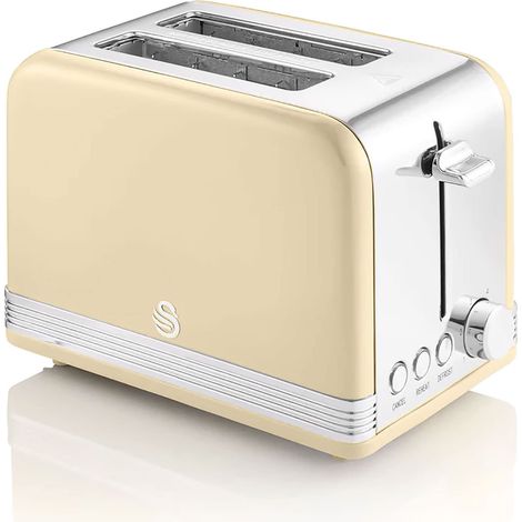 Swan Retro ST19010CNEU Tostapane a Fessura Larga 2 Fette, Design Vintage, 3 Funzioni: Scongelamento, Riscaldamento, Annullamento, 6 Regolatore del livello di Tostatura, Acciaio Inox., Crema, 815W