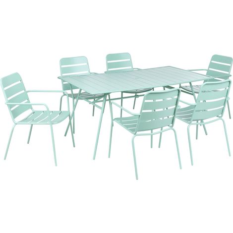 6 Seater Garden Dining Set Mint Green Iron Table Top with Hole for Parasol Galvanised Modern TERENZO