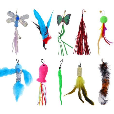 10 têtes de rechange pour baguette magique pour chat, en peluche et plumes, multicolores, pour stimulation ludique et instinct de chasse (1/5)