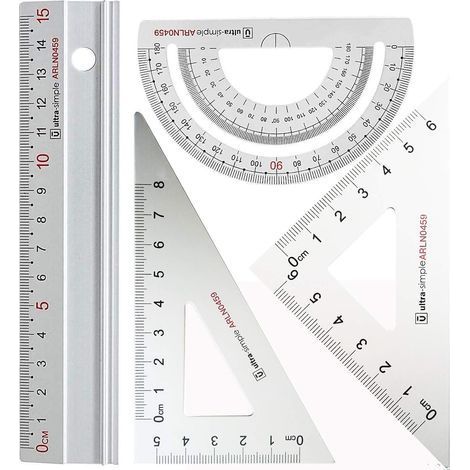 Ensemble de règle d'échelle d'architectes en métal - Ensembles de géométrie de Dessin Technique 4 PCS, Outil de géométrie mathématique, rapporteur, Triangulaire (Argent) (1/4)