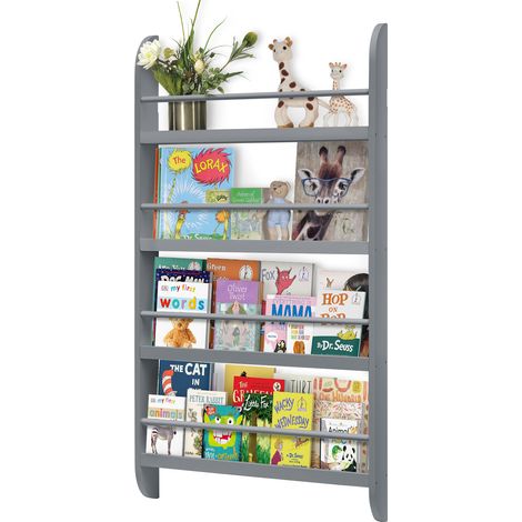 Kids Bookshelf 4 Tier Wall Mounted Book Shelf Display Rack Wooden Book Organizer Behind Door for Children's Bedroom Nursery Playroom (Grey) (1/5)