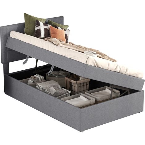 Lit rembourré 90 x 200 avec grand espace de rangement, sommier à lattes, structure en bois et MDF, sans matelas, gris, style minimaliste  CHICFURN (1/5)