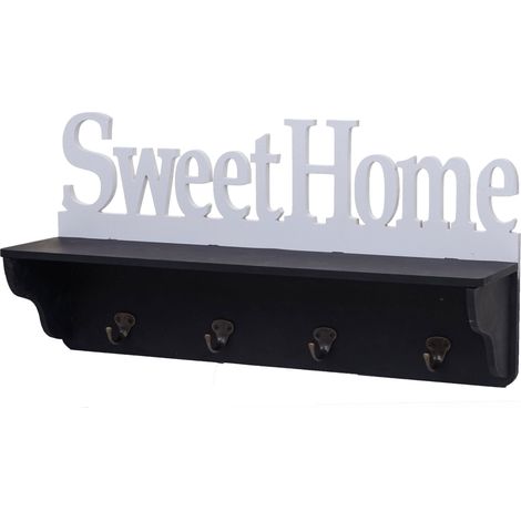 Perchero de pared HHG-796 Sweet Home, perchero, 4 ganchos macizo 30x60x13cm, negro/blanco