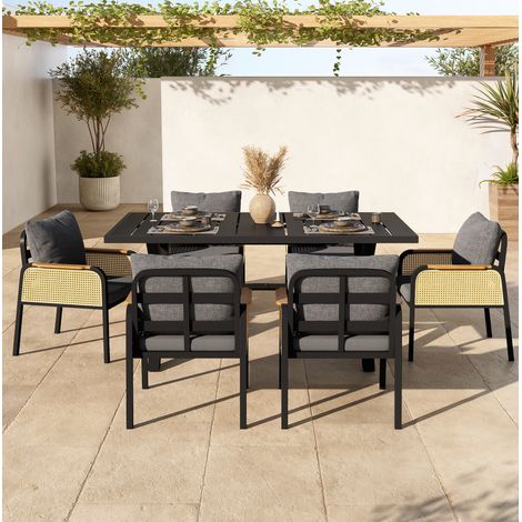 Conjunto de comedor de jardín de hierro negro y ratán PE natural, 1 mesa y 6 sillas con cojines, 148x80x75 cm (1/5)