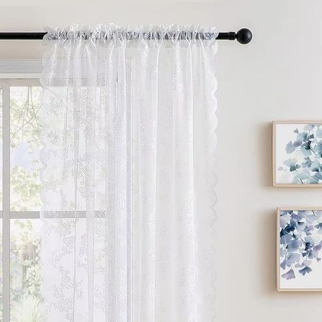 Panneau de rideau en dentelle transparente brodée florale vintage, rideau en tulle, rideaux de fenêtre romantiques vintage, décoration de la maison (100 x 150 cm, blanc) (1/5)